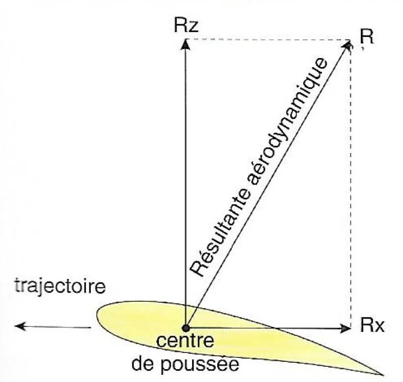 Profil en vol horizontal, sa trajectoire vers la gauche : la résultante aérodynamique R part du centre de poussée et se décompose en portance Rz, perpendiculaire à la trajectoire, donc au vent relatif, et en traînée Rx, parallèle à la trajectoire et dirigée vers l’arrière