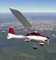 Multiaxe en vol : un petit avion d’aspect classique, à aile haute, cabine vitrée et gouvernes articulées, piloté au manche et au palonnier comme un avion (la classe 3 des ULM)