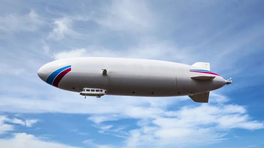 Dirigeable souple moderne en vol de profil sur ciel bleu : on distingue la nacelle vitrée sous l’avant de l’enveloppe et les quatre empennages en croix à l’arrière, qui servent de gouvernes