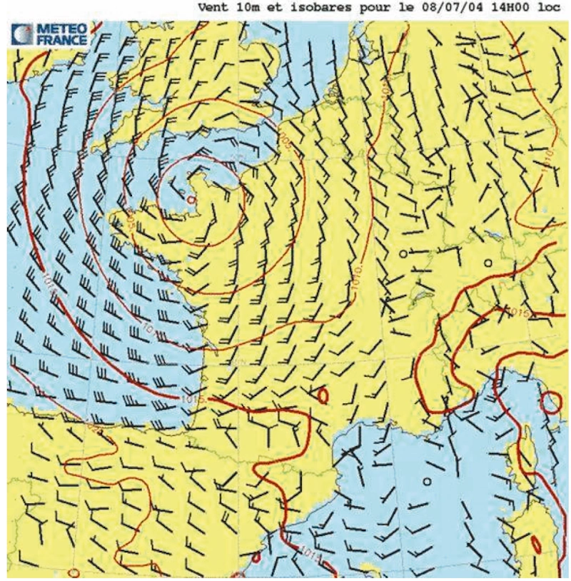 Carte Météo-France du vent à 10 m pour le 8 juillet 2004 à 14 h, sur la France et ses abords