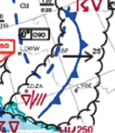 Extrait zoomé d’une carte TEMSI, avec le front à identifier