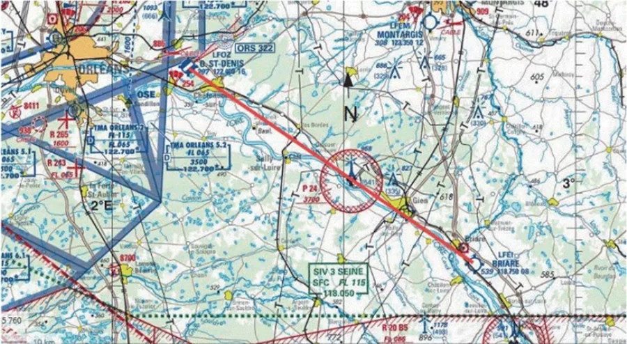 Extrait de carte aéronautique d’Orléans (LFOZ) à Briare (LFEI), avec le tracé direct de la navigation