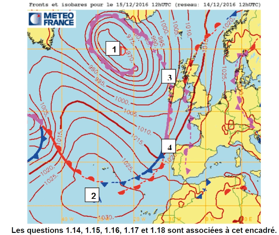 Carte Météo-France du 15 décembre 2016 à 12 h UTC sur l’Atlantique nord et l’Europe, quatre zones numérotées de 1 à 4