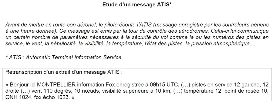 Énoncé : étude d’un message ATIS, avec la retranscription d’un extrait de celui de Montpellier