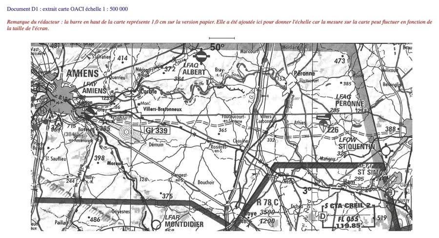 Document D1 : extrait de carte OACI au 1/500 000 entre Amiens et Péronne, avec une barre d’échelle
