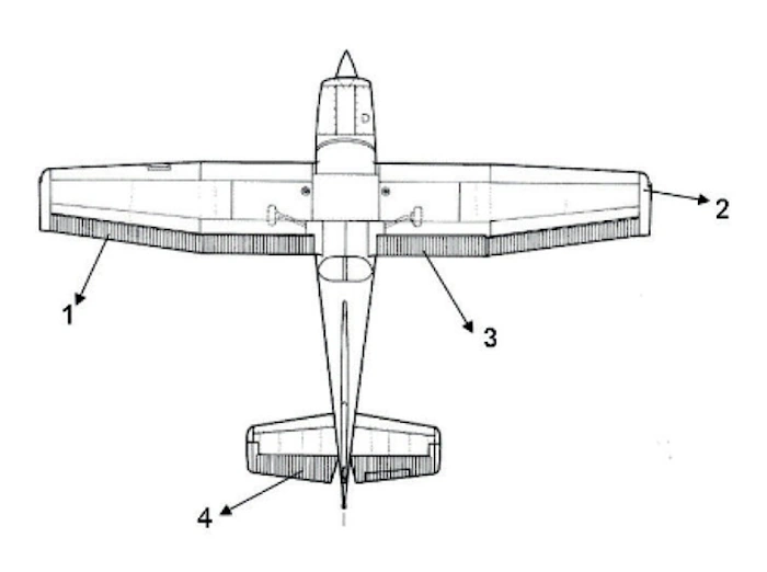 Plan d’un avion léger vu de dessus, quatre éléments désignés par les numéros 1 à 4