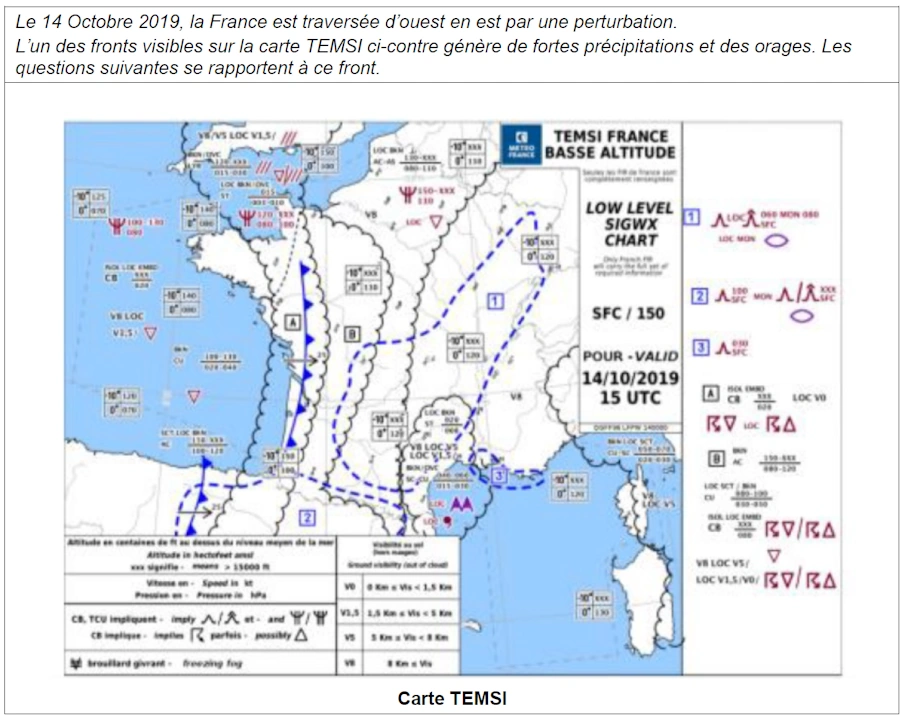 Carte TEMSI France basse altitude valable le 14/10/2019 à 15 UTC, avec le texte qui présente la perturbation