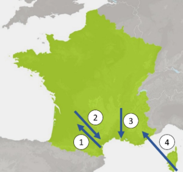 Carte de France portant quatre flèches de vent numérotées de 1 à 4, dans la moitié sud du pays