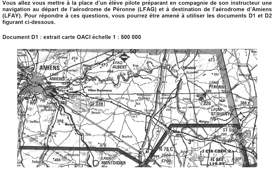 Énoncé de la navigation de Péronne à Amiens et document D1, extrait de carte OACI au 1/500 000