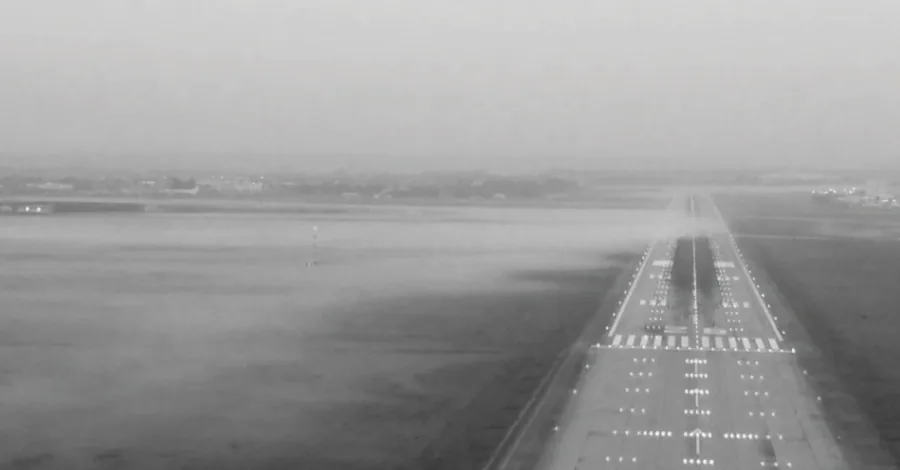 Photographie d’une piste de Paris-Orly au lever du jour, vue dans l’axe