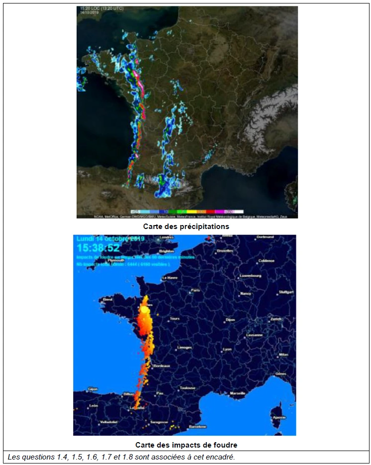 Carte des précipitations et carte des impacts de foudre sur la France, le 14 octobre 2019 dans l’après-midi