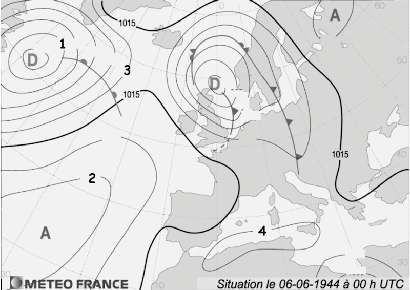 Carte Météo-France des pressions du 6 juin 1944 à 00 h UTC sur l’Europe, quatre isobares numérotées de 1 à 4