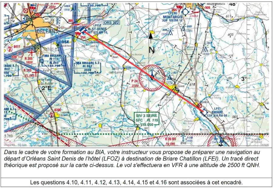 Extrait de carte aéronautique d’Orléans (LFOZ) à Briare (LFEI), avec le tracé de la navigation et l’énoncé