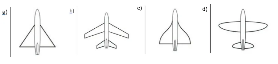 Quatre silhouettes d’avion vues de dessus, notées a, b, c et d, chacune avec une forme d’aile différente