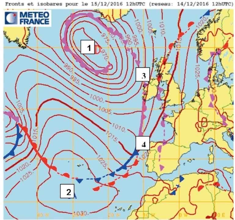 Carte Météo-France des fronts et isobares du 15 décembre 2016 à 12 h UTC, sur l’Atlantique nord et l’Europe