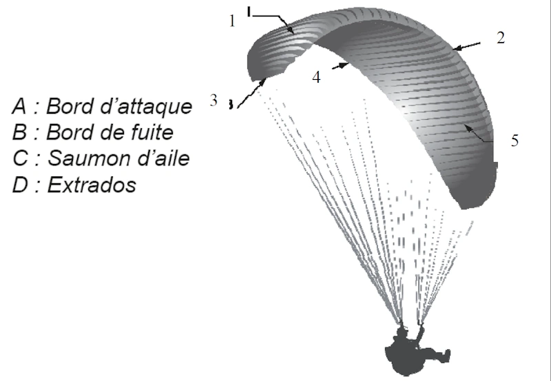 Dessin d’un parapente en vol, cinq repères numérotés de 1 à 5 et une liste de quatre éléments notés de A à D